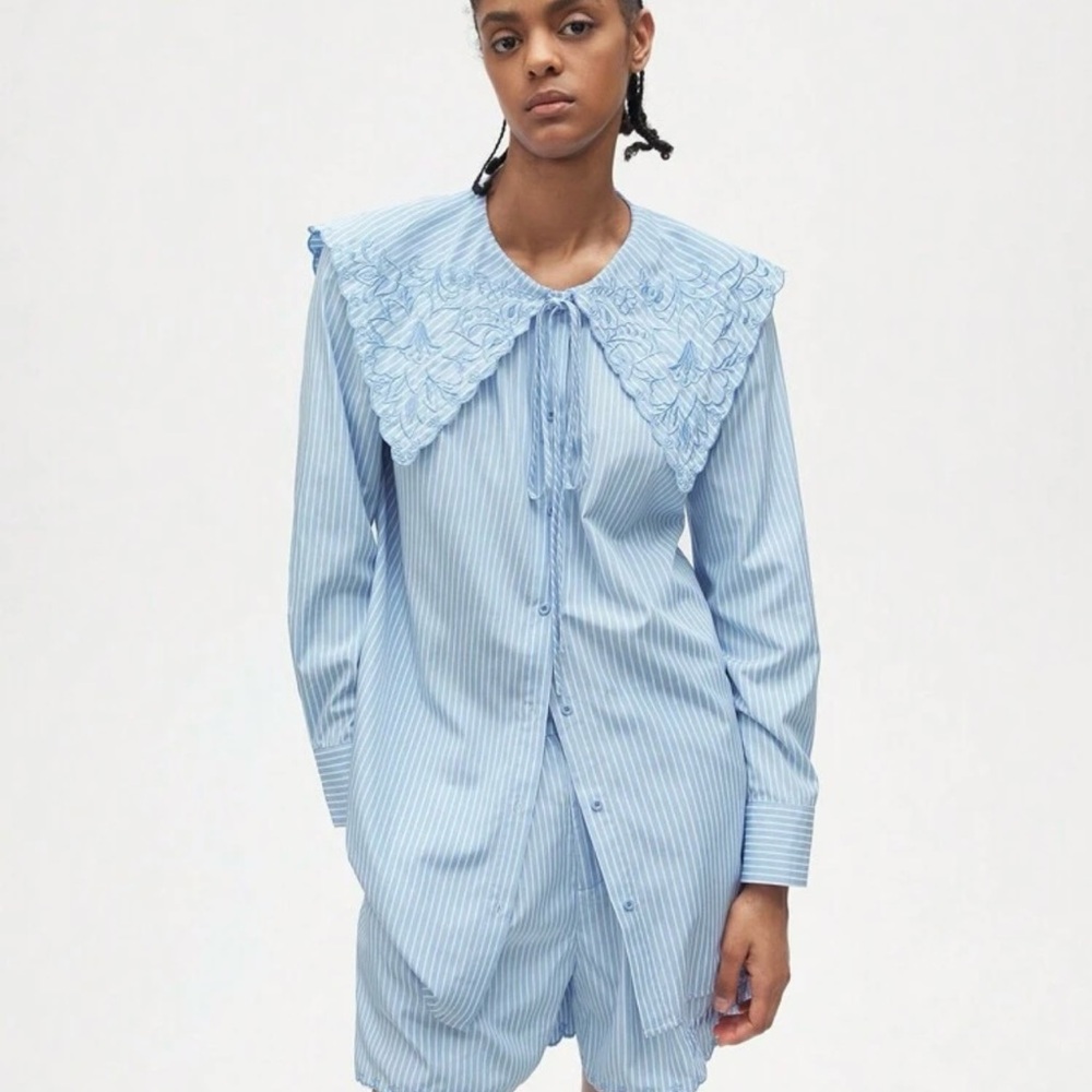 Large collar Blue Striped Women's top/ mini dress